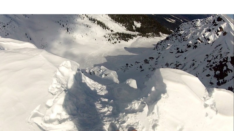 Ready to drop in. Skiers left chute ends in an awful lot of rock, so after a few committed turns the line exits stage right over the spine